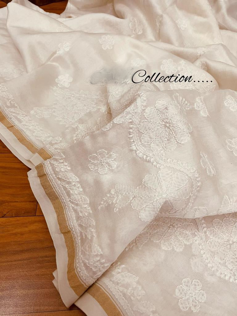 Handwoven Lucknowi Chanderi saree - Saffronfashionindia