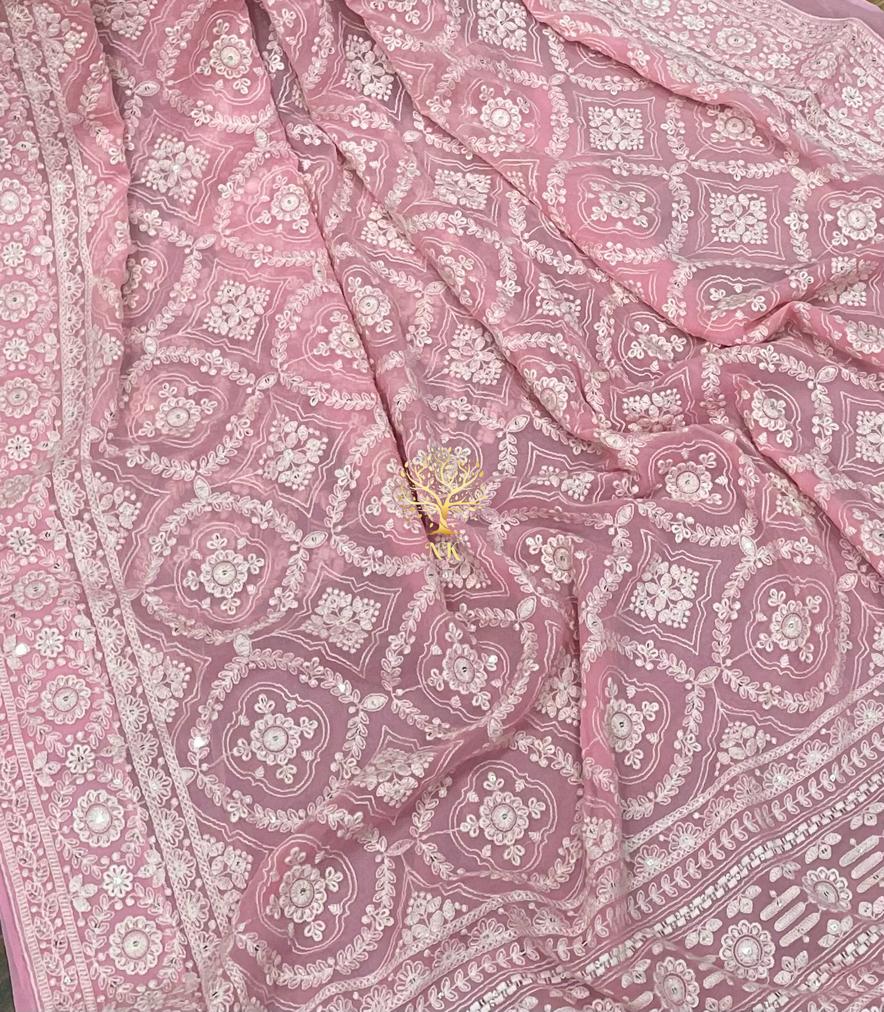 Pink beautiful Chikankari saree - Saffronfashionindia