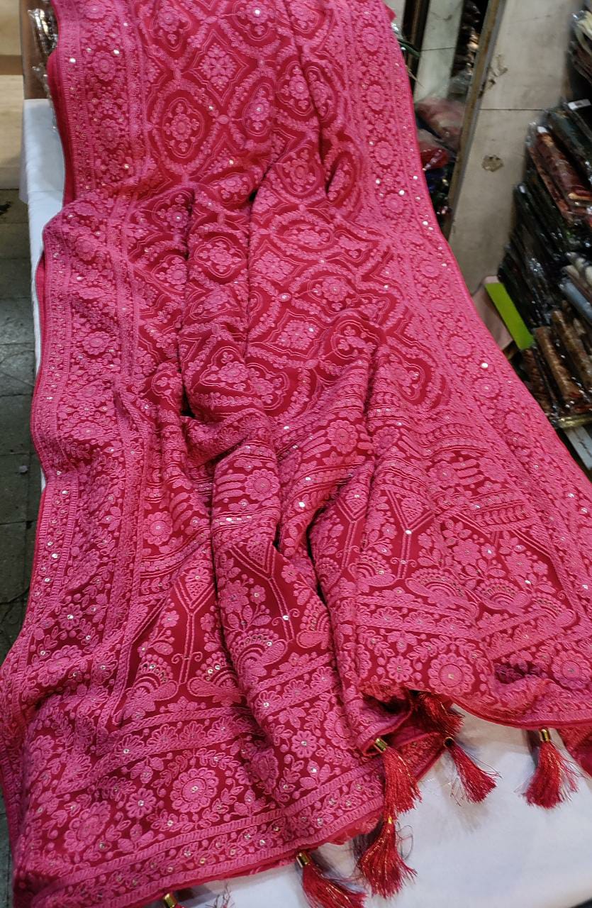 Alma Chikankari gorgette saree - Saffronfashionindia
