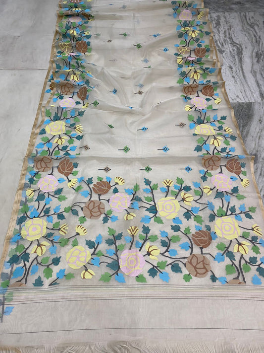 Floral handwoven jamdani saree - Saffronfashionindia