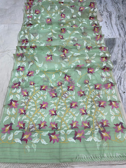 Mint muslin jamdani saree - Saffronfashionindia