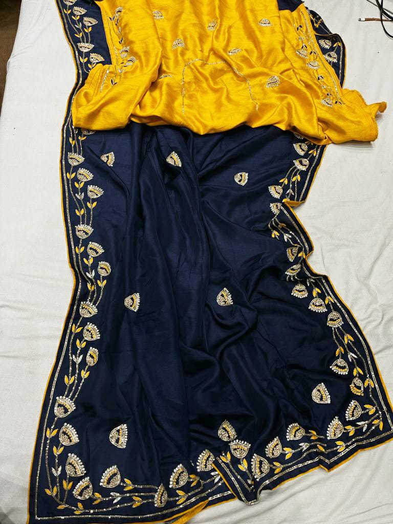 Blossom blue zardosi saree - Saffronfashionindia