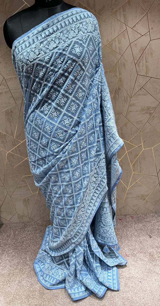 Kinzie Chikankari saree/gorgette saree - Saffronfashionindia