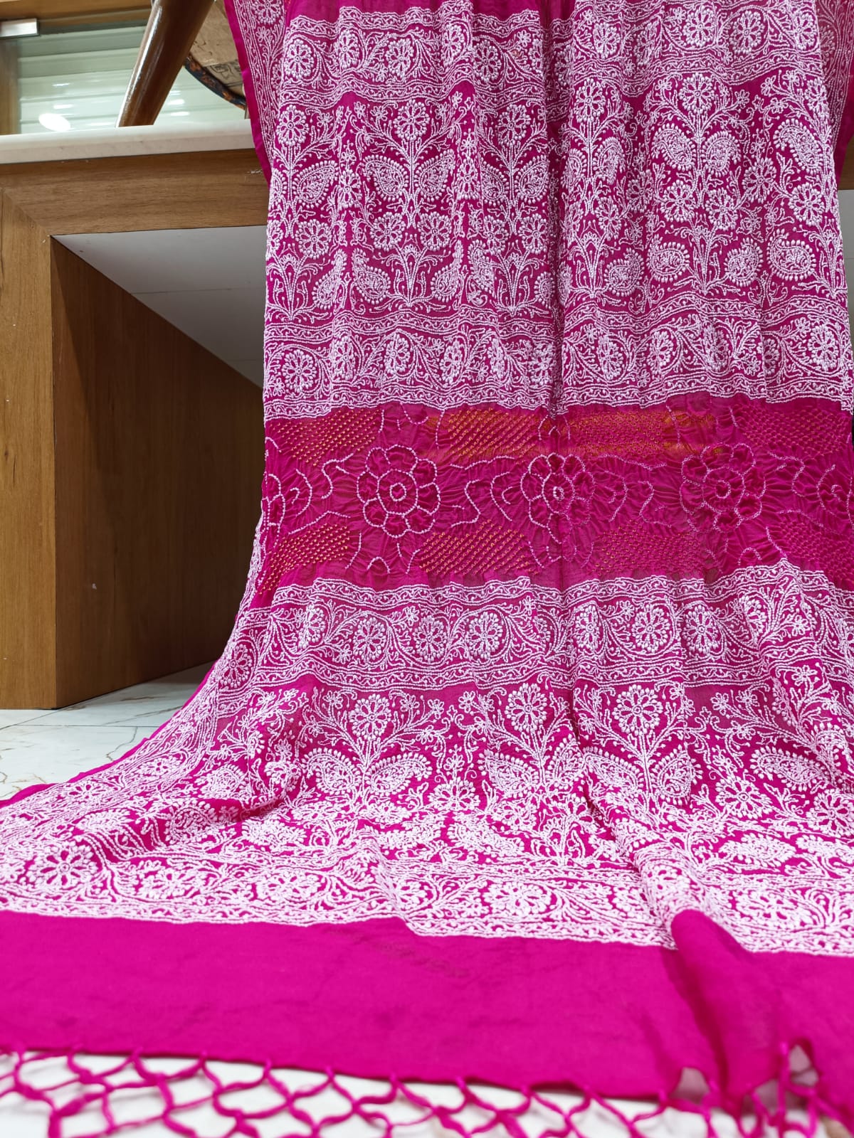 Rai bandhej Chikankari saree - Saffronfashionindia