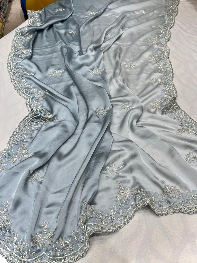Satin shaded zardosi partywear saree - Saffronfashionindia