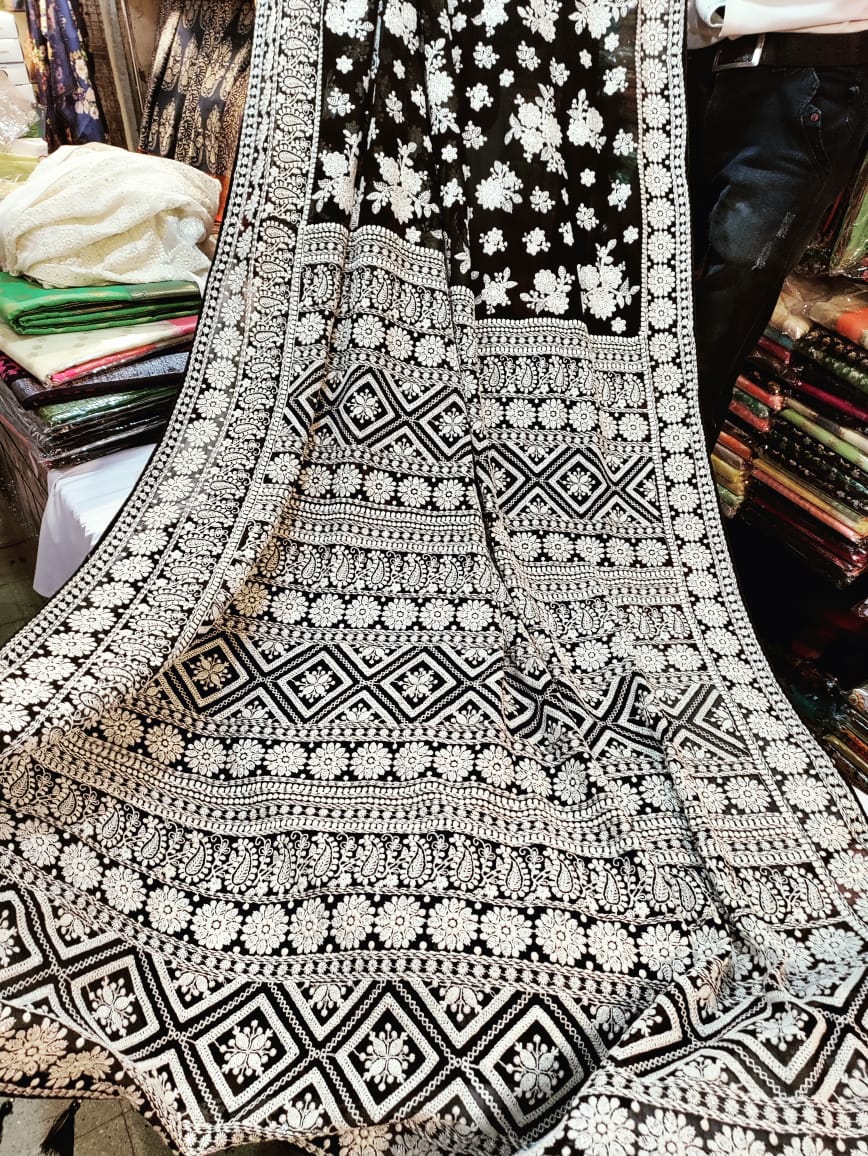 Chikankari gorgette global saree traditional sari Chikankari sari - Saffronfashionindia