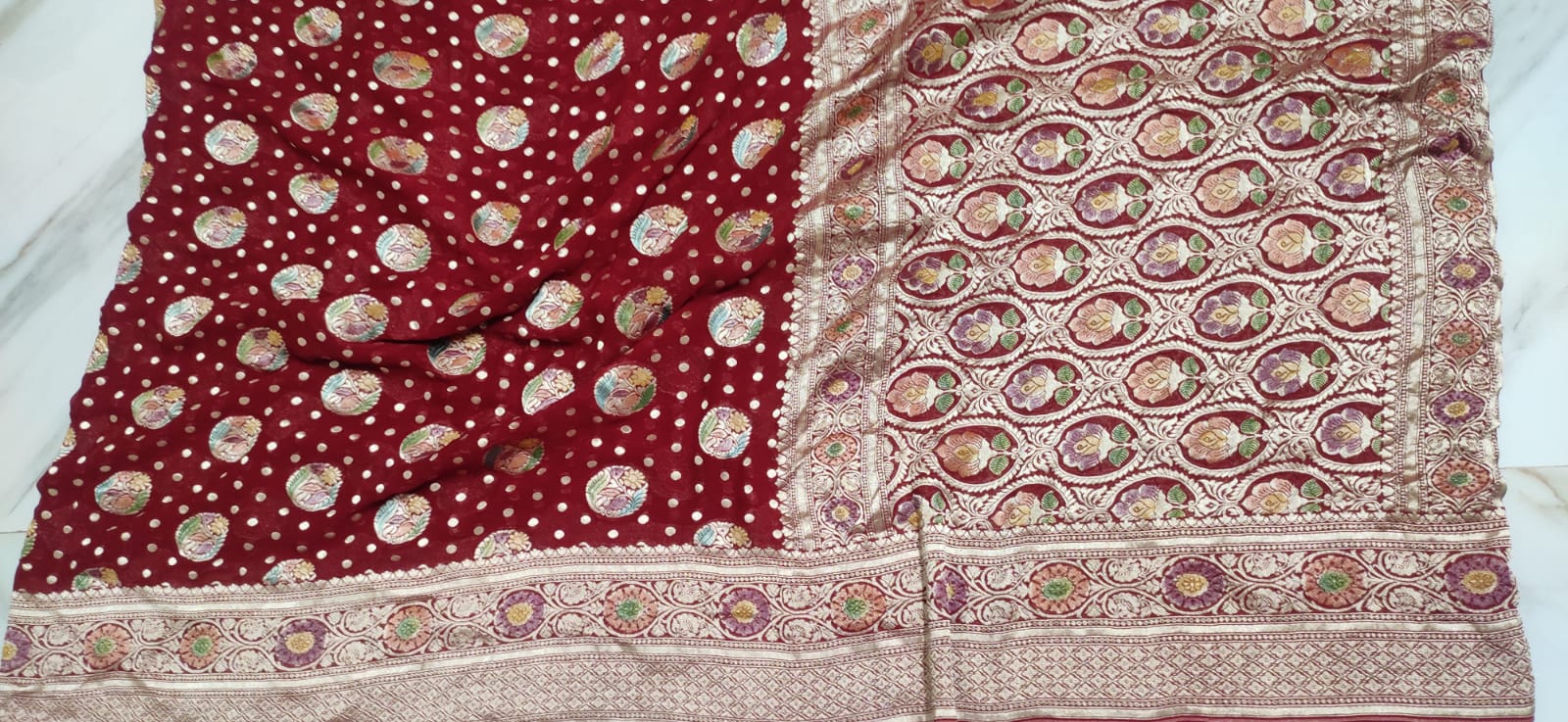 Water zari Meenakari khaddi gorgette saree - Saffronfashionindia