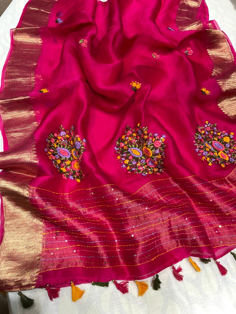 Kanchi organza Frenchknot saree - Saffronfashionindia