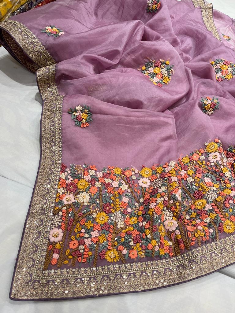 Benzie organza French knot saree - Saffronfashionindia