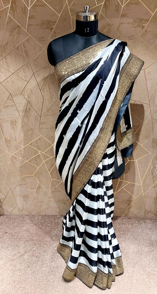 Satin striped saree - Saffronfashionindia