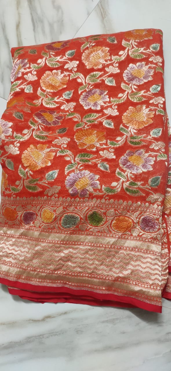 Water zari Meenakari khaddi gorgette saree - Saffronfashionindia