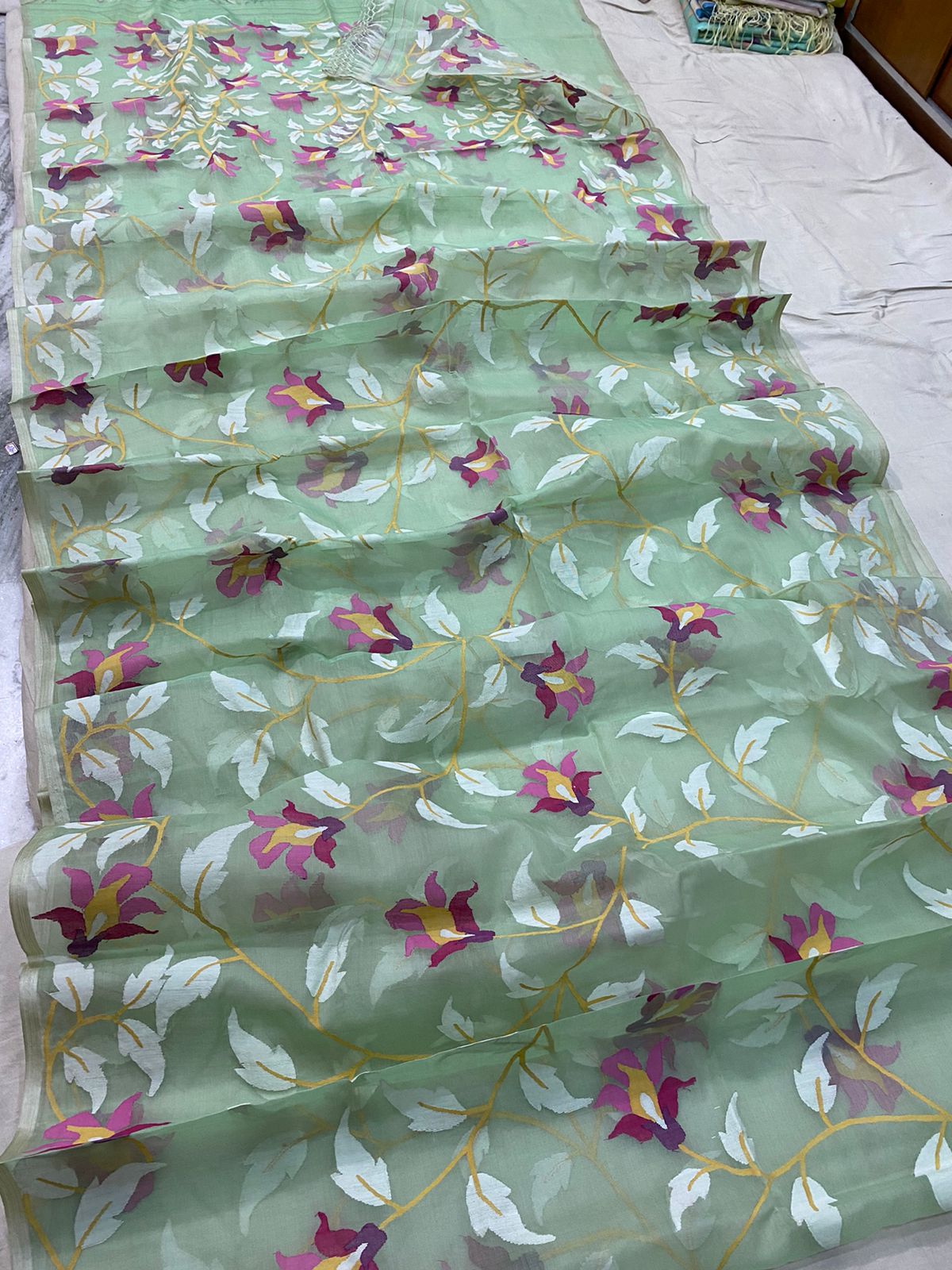 Mint muslin jamdani saree - Saffronfashionindia