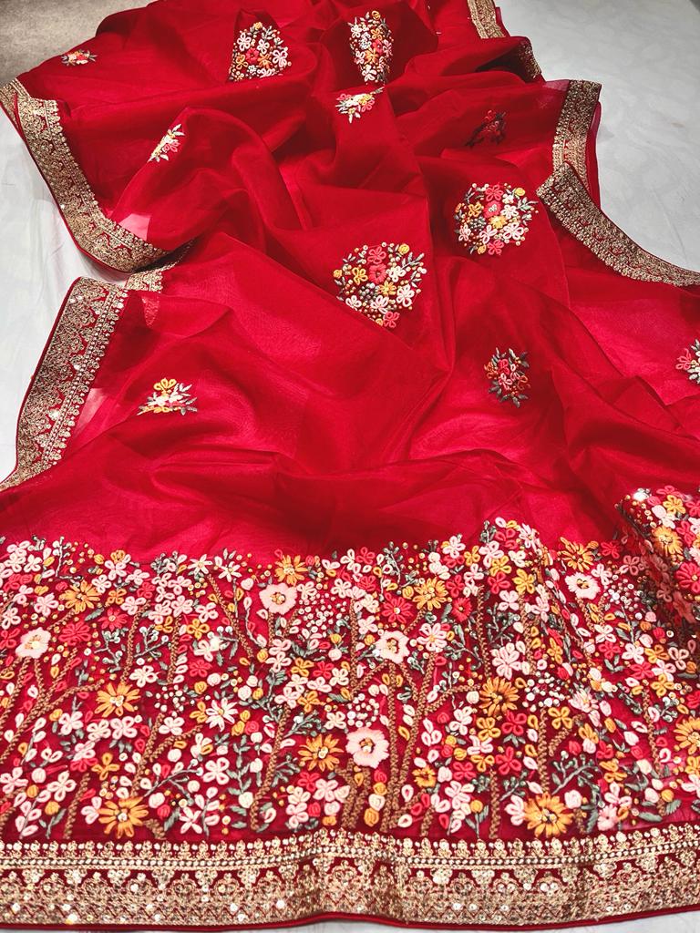 Unique organza embroidery saree - Saffronfashionindia