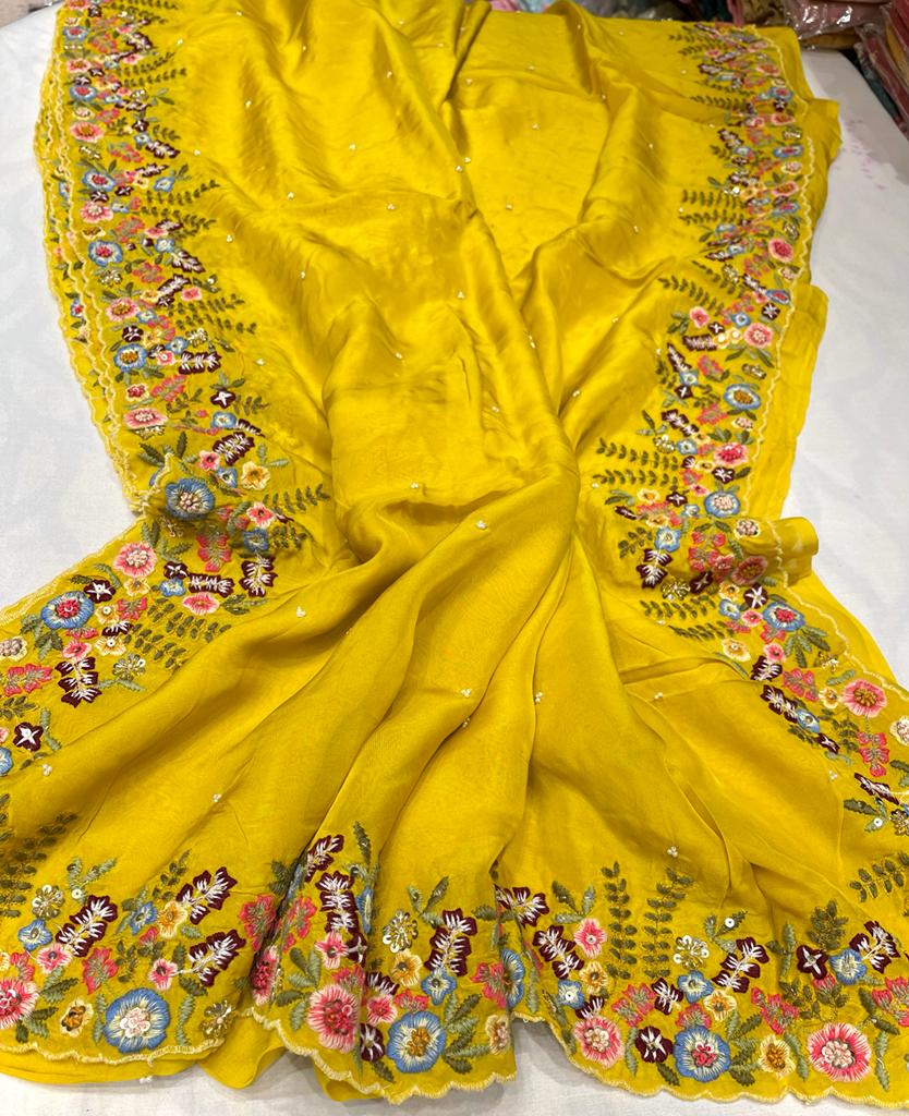 Tulips embroidered saree,,,,,organza saree - Saffronfashionindia