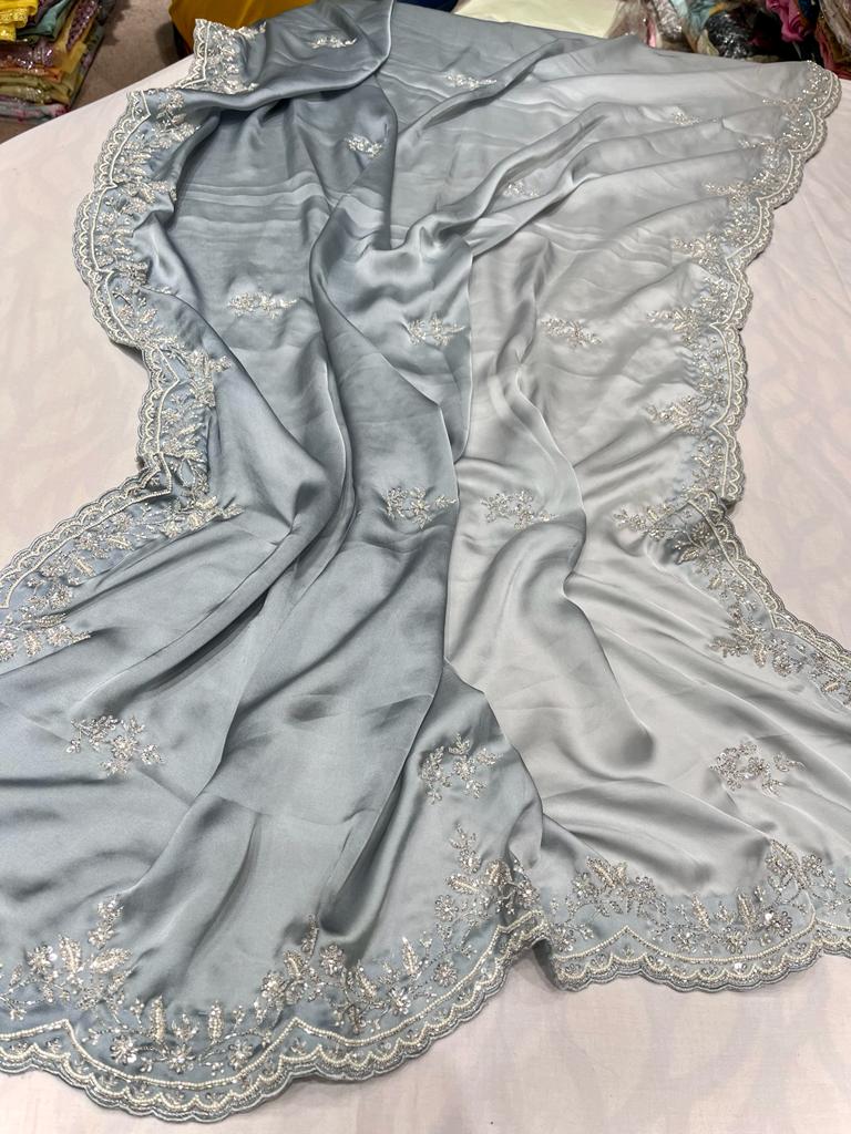 Satin shaded zardosi partywear saree - Saffronfashionindia
