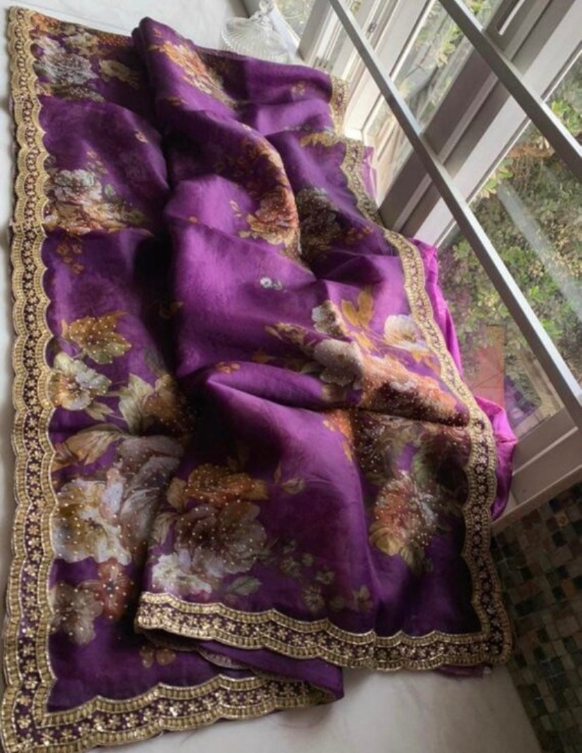 Floral purple saree - Saffronfashionindia