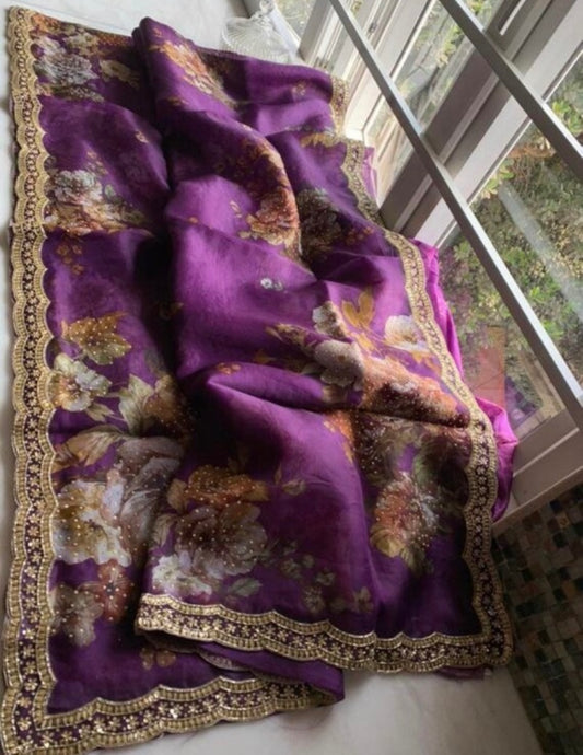 Floral purple saree - Saffronfashionindia