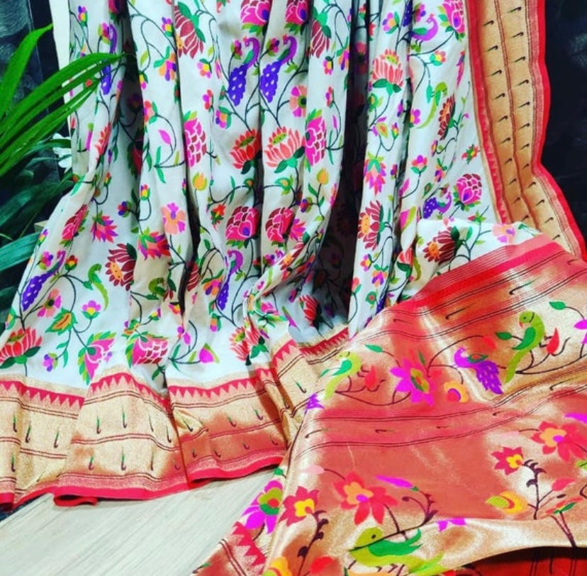 White muniya paithani saree - Saffronfashionindia