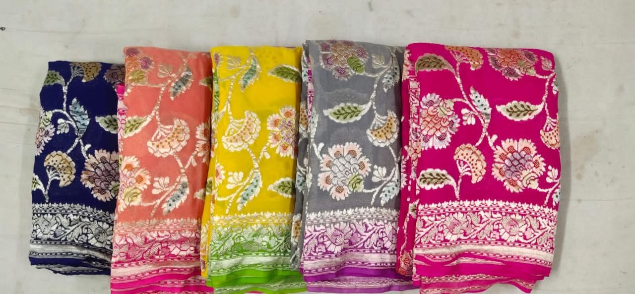 Water zari Meenakari khaddi gorgette saree - Saffronfashionindia