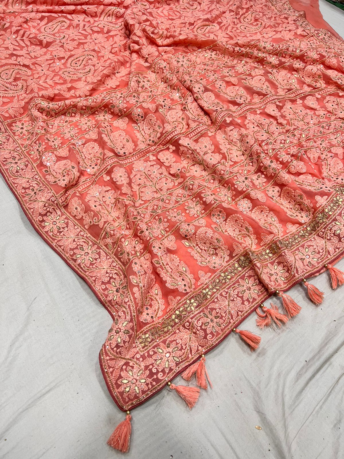 Jinnah Chikankari gottapatti saree - Saffronfashionindia