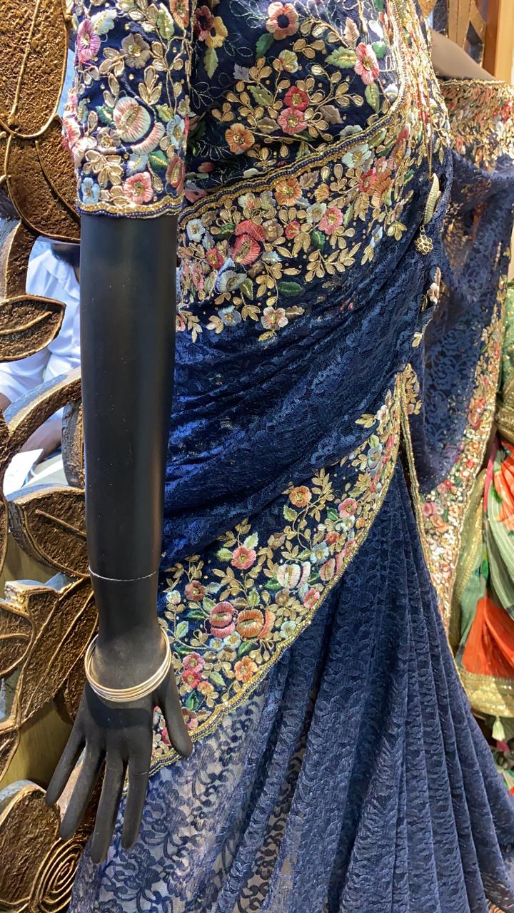 Embroidered chaintley lace saree - Saffronfashionindia