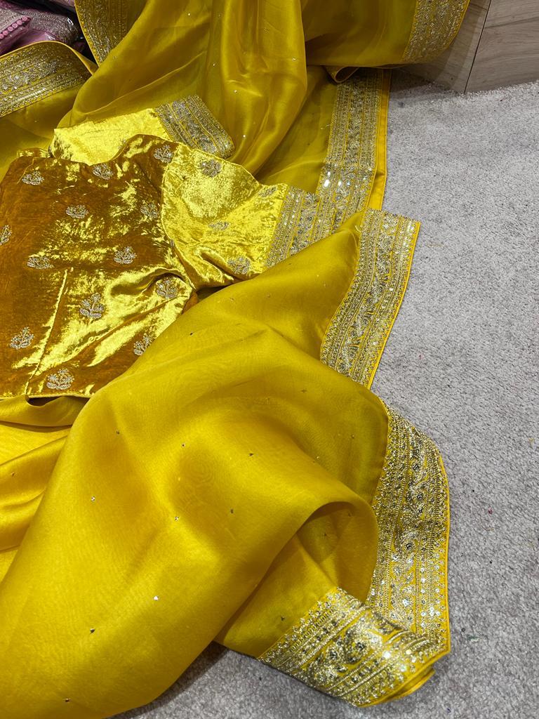 Velvet organza zardosi saree - Saffronfashionindia
