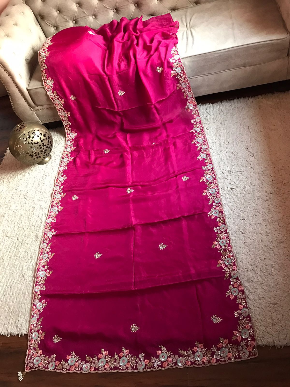 Wine inspired organza silk embroidered saree - Saffronfashionindia