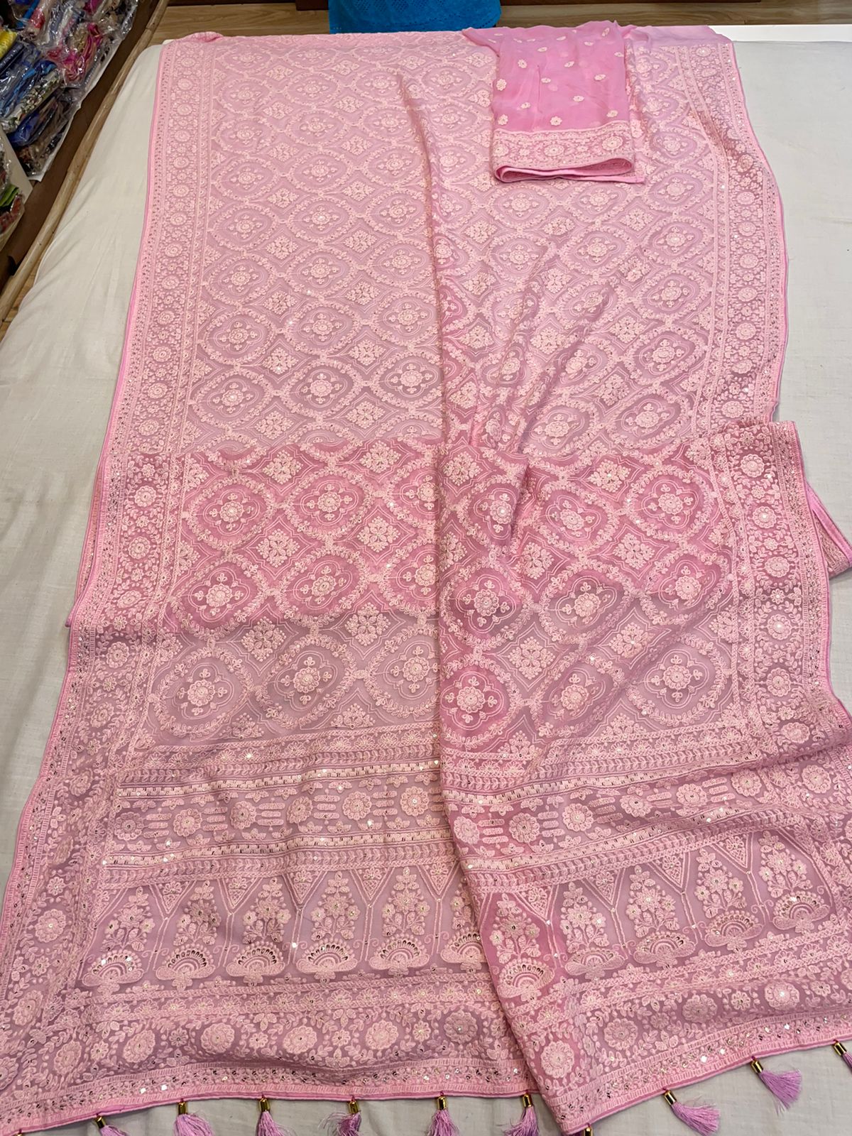 Khushin gorgette Chikankari saree - Saffronfashionindia