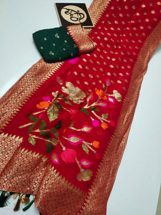 Gumnaami Meenakari gorgette saree - Saffronfashionindia