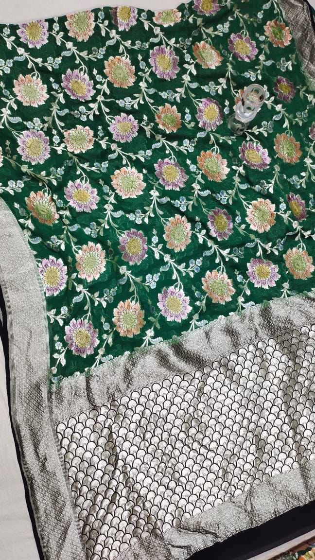 Water zari Meenakari khaddi gorgette saree - Saffronfashionindia