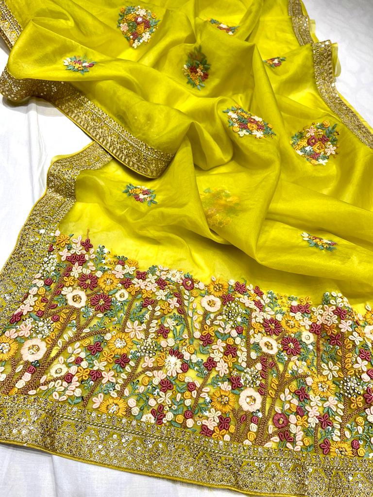 Unique organza embroidery saree - Saffronfashionindia