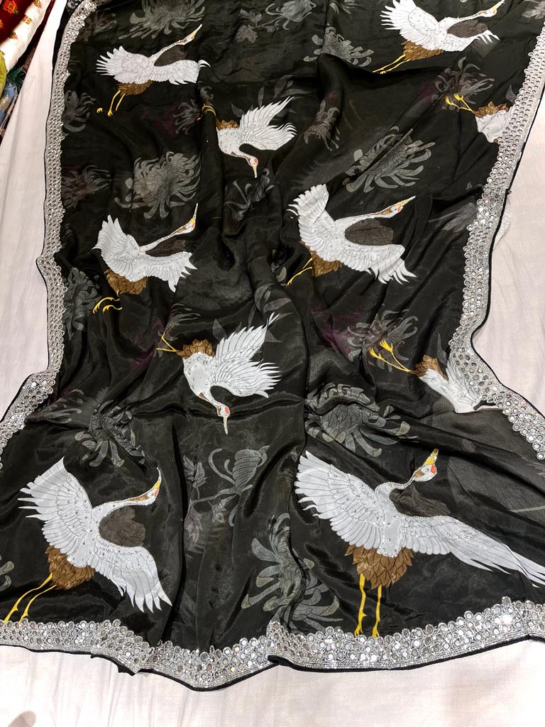 Black bird crepe zardosi saree - Saffronfashionindia