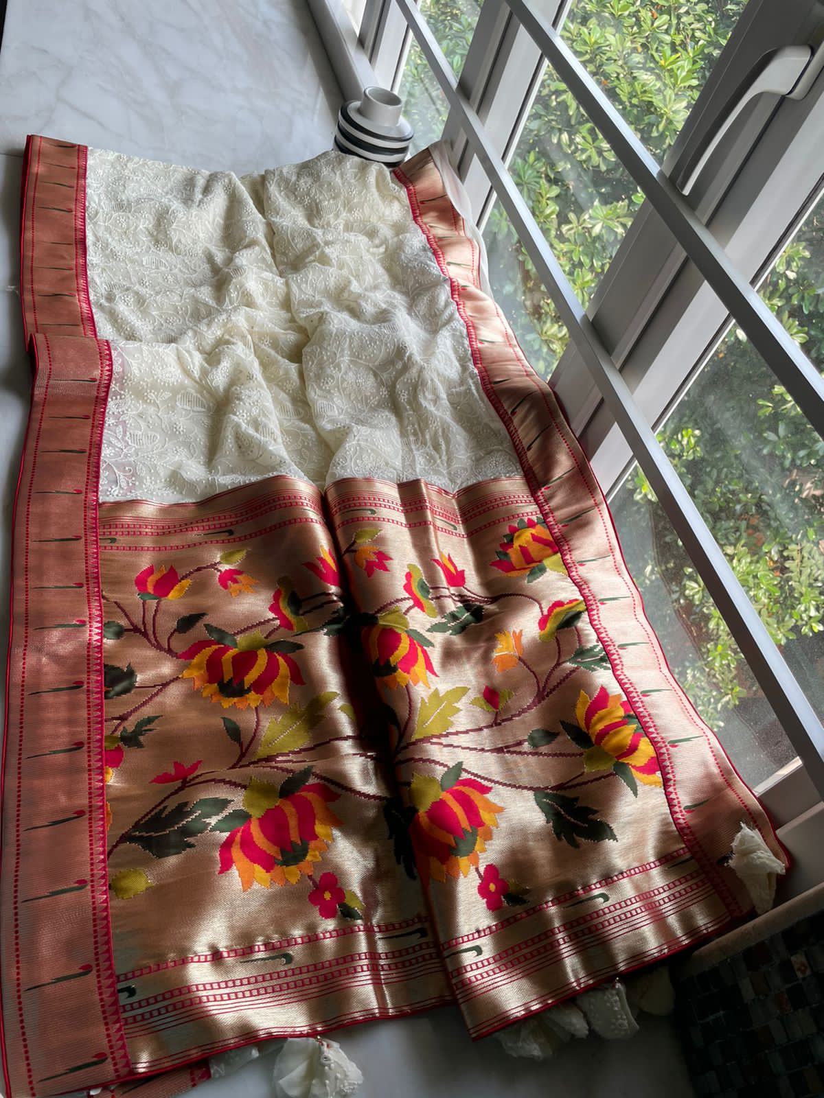 White Chikankari Paithani saree - Saffronfashionindia