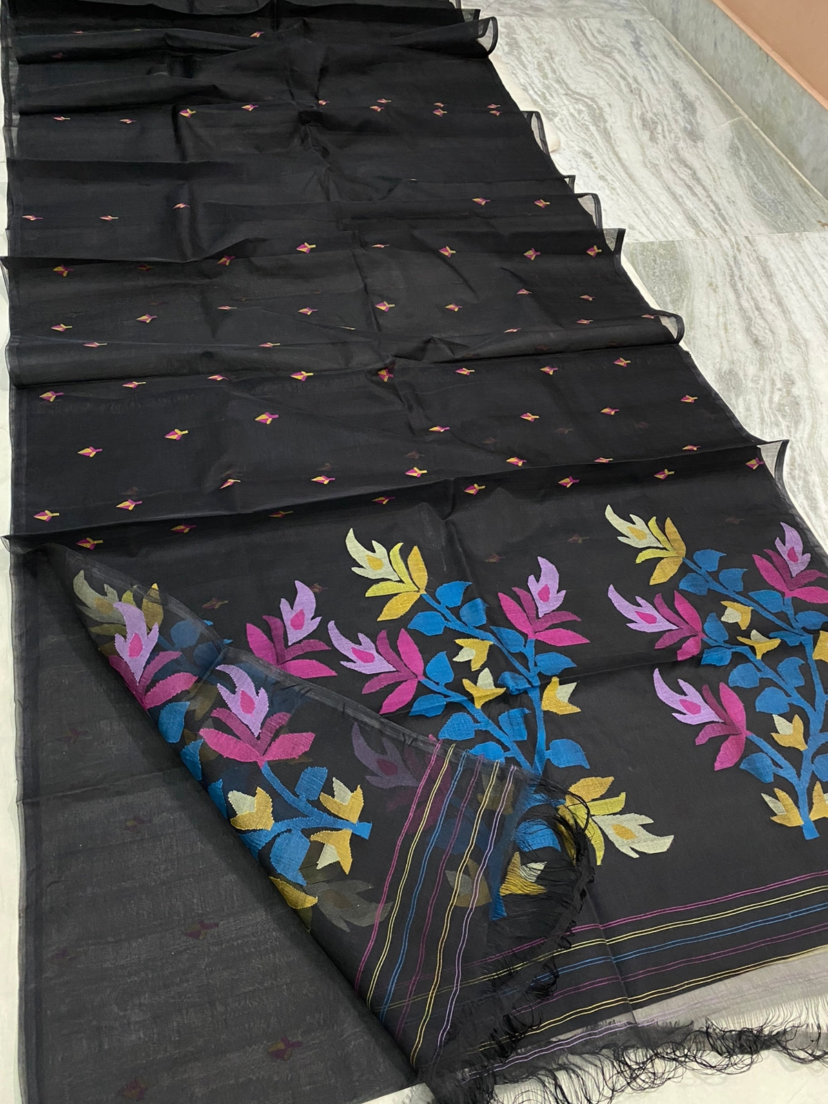 Black muslin jamdani saree - Saffronfashionindia