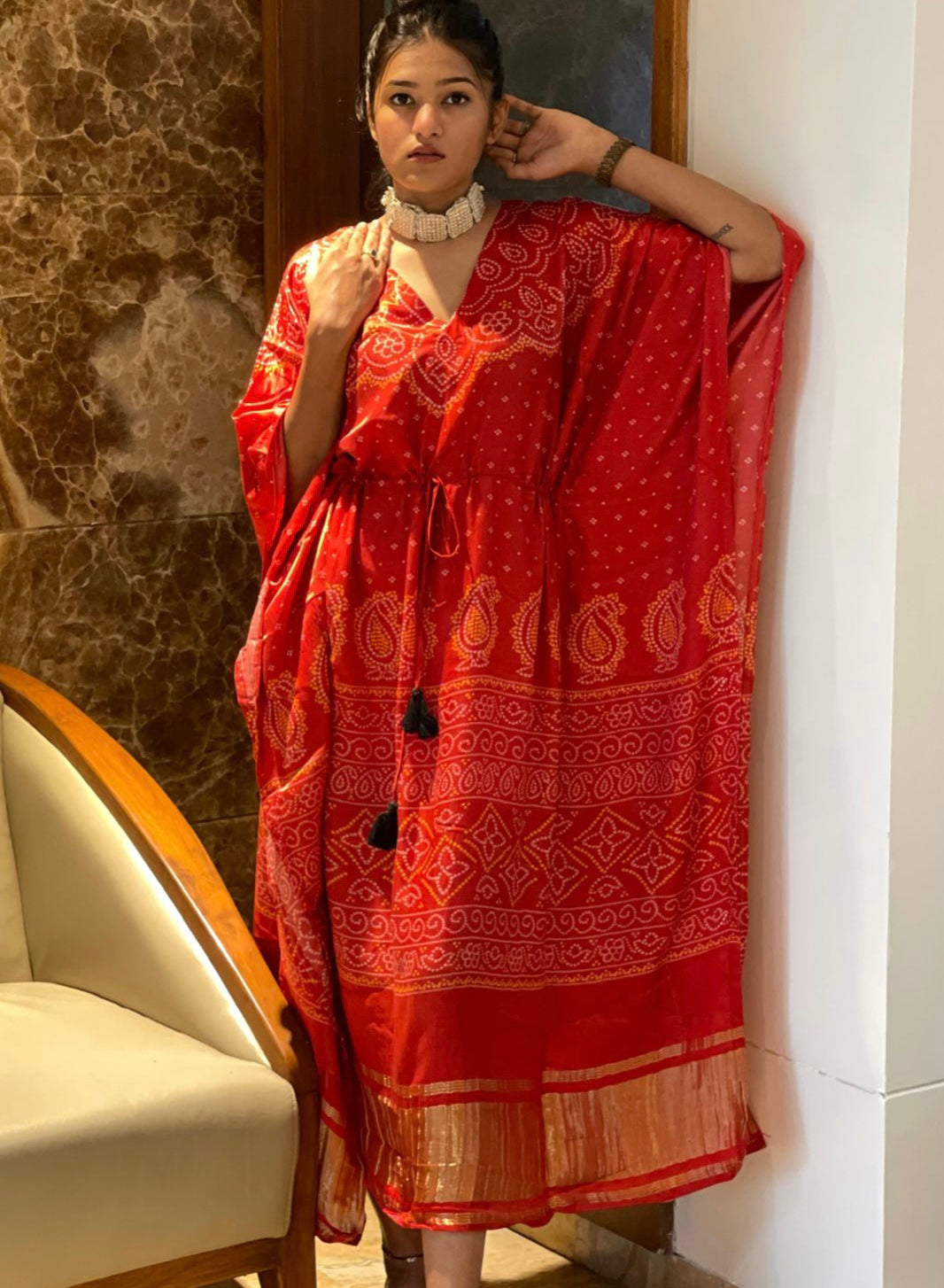 Red premium gajji silk kaftan - Saffronfashionindia