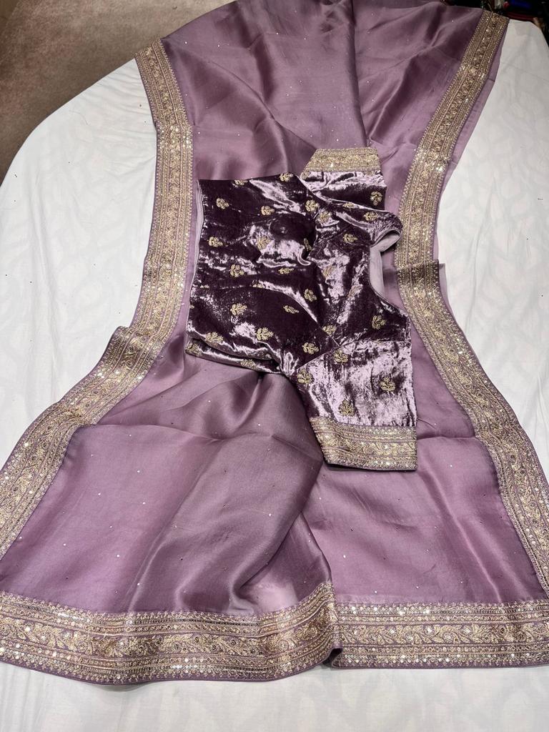 Velvet organza zardosi saree - Saffronfashionindia