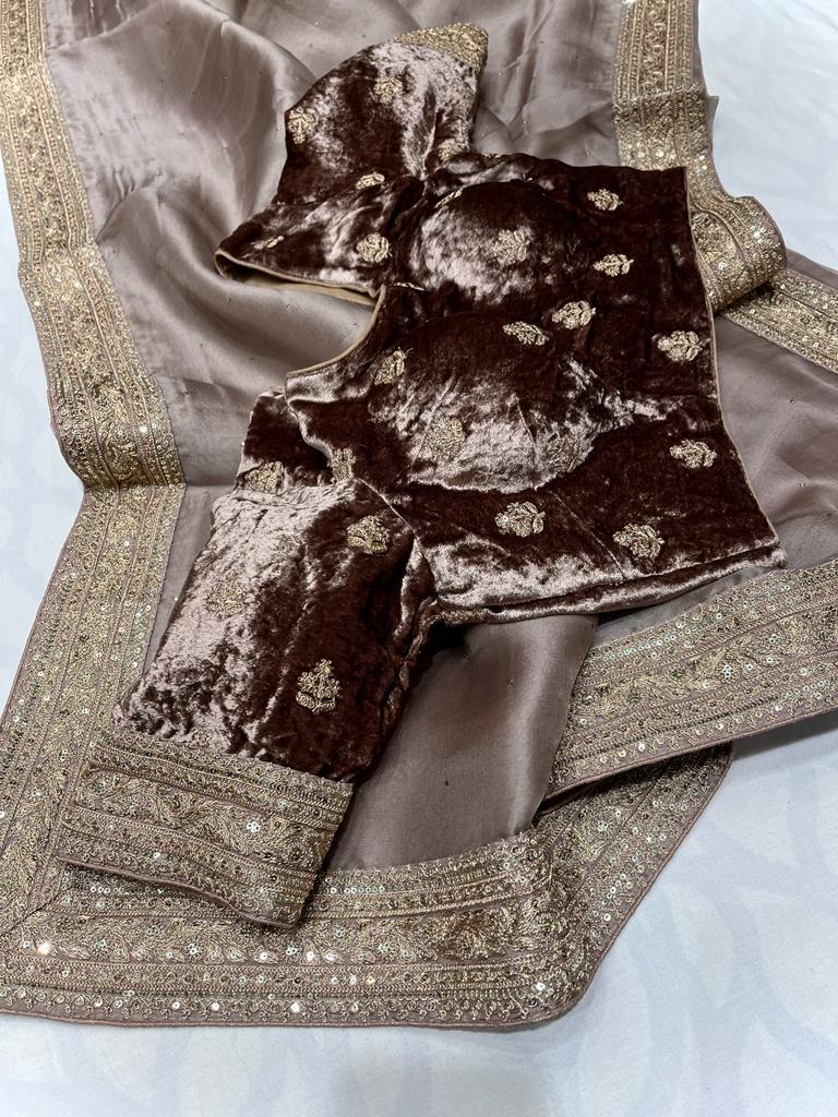 Velvet organza zardosi saree - Saffronfashionindia