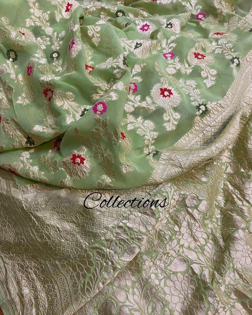 Mint handloom gorgette saree - Saffronfashionindia