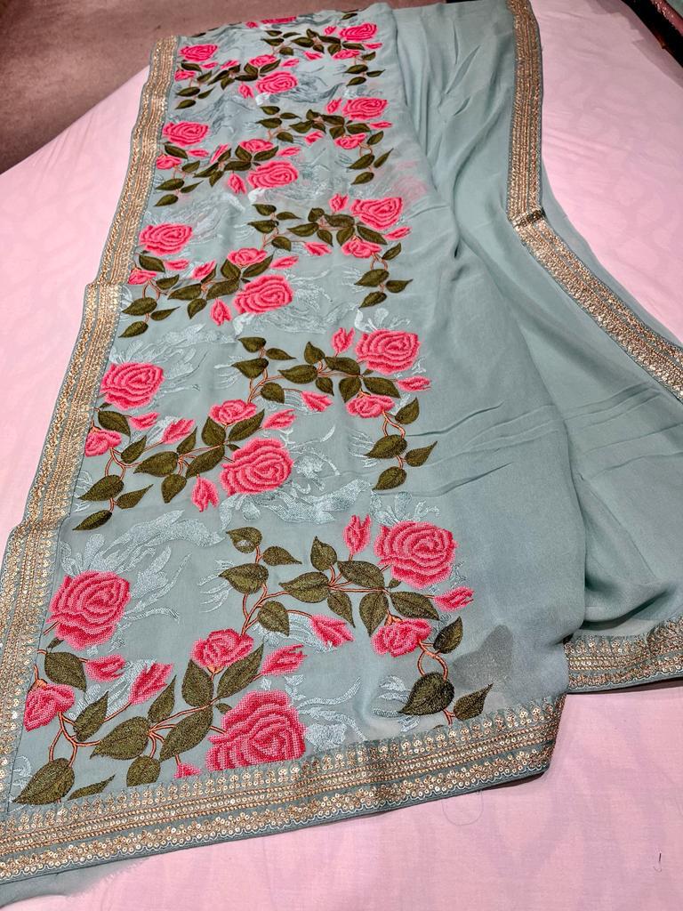 Embroidered floral saree,,,,beautiful sari - Saffronfashionindia