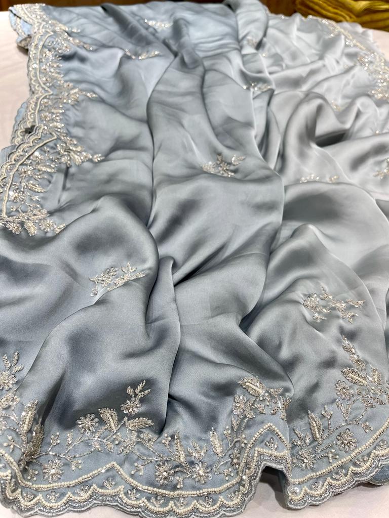 Satin shaded zardosi partywear saree - Saffronfashionindia