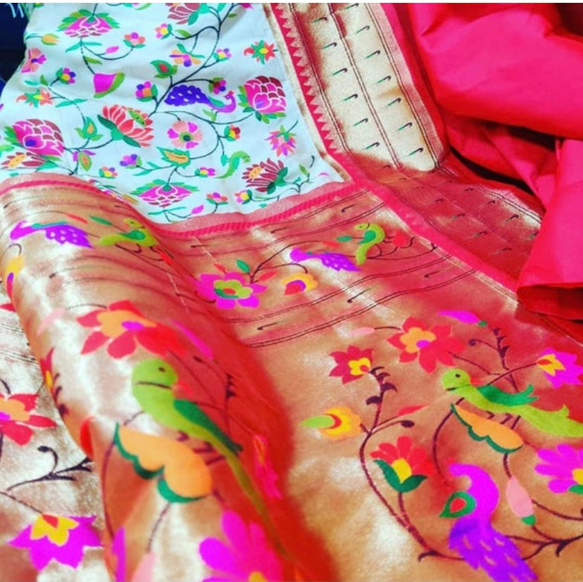 White muniya paithani saree - Saffronfashionindia