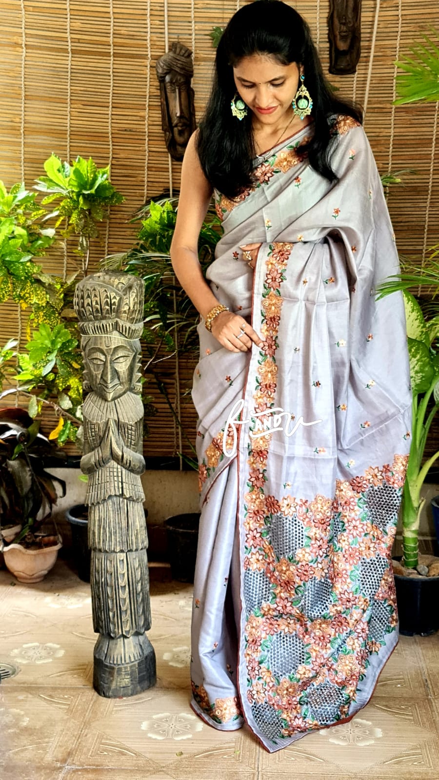 Floral soft tussar silk saree - Saffronfashionindia