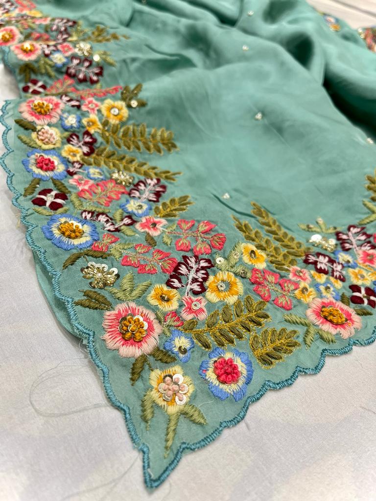 Tulips embroidered saree,,,,,organza saree - Saffronfashionindia