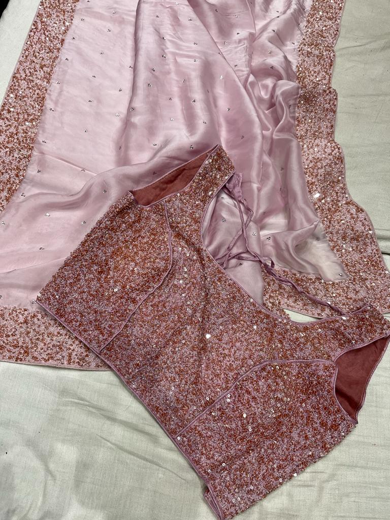 Purple handwork organza sari - Saffronfashionindia
