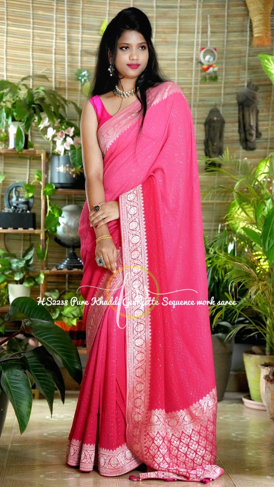 Pink sequence khaddi gorgette sari - Saffronfashionindia