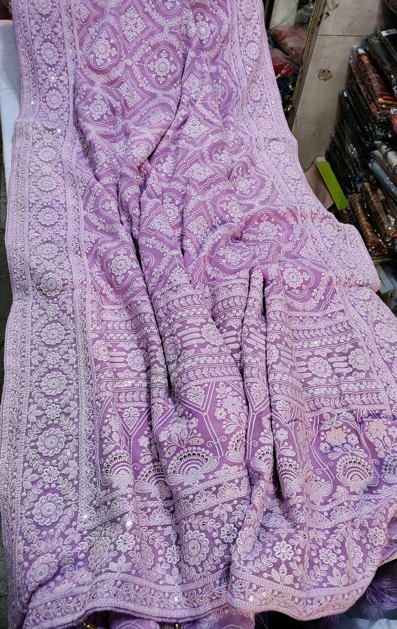Alma Chikankari gorgette saree - Saffronfashionindia