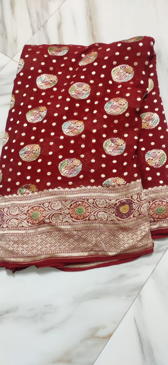 Water zari Meenakari khaddi gorgette saree - Saffronfashionindia