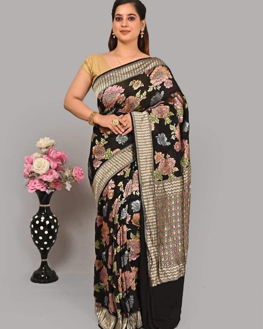Black chiffon gorgette saree - Saffronfashionindia