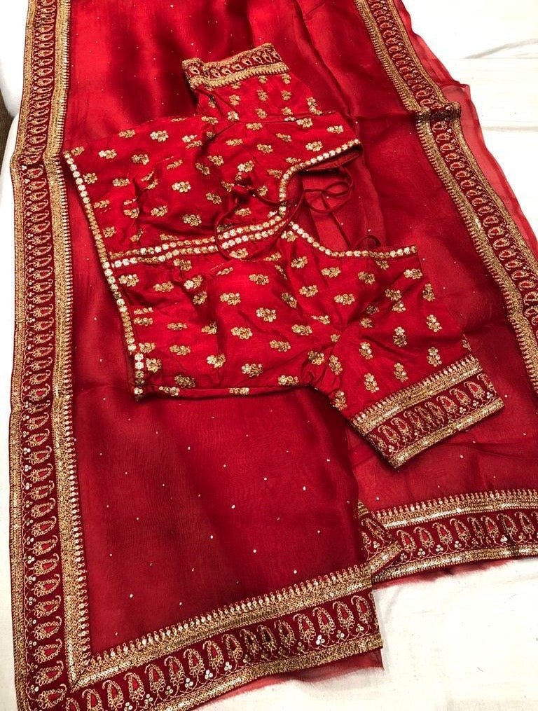 Karwachauth inspired red saree - Saffronfashionindia