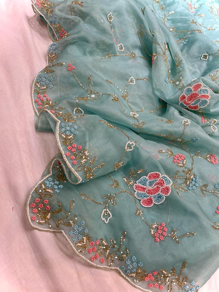 Kiara organza Pearl zardosi saree - Saffronfashionindia